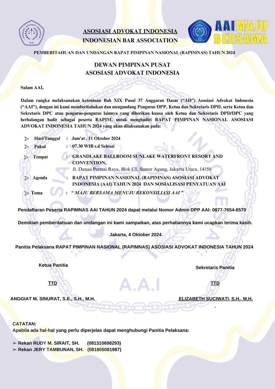 PEMBERITAHUAN DAN UNDANGAN RAPAT PIMPINAN NASIONAL AAI 2024